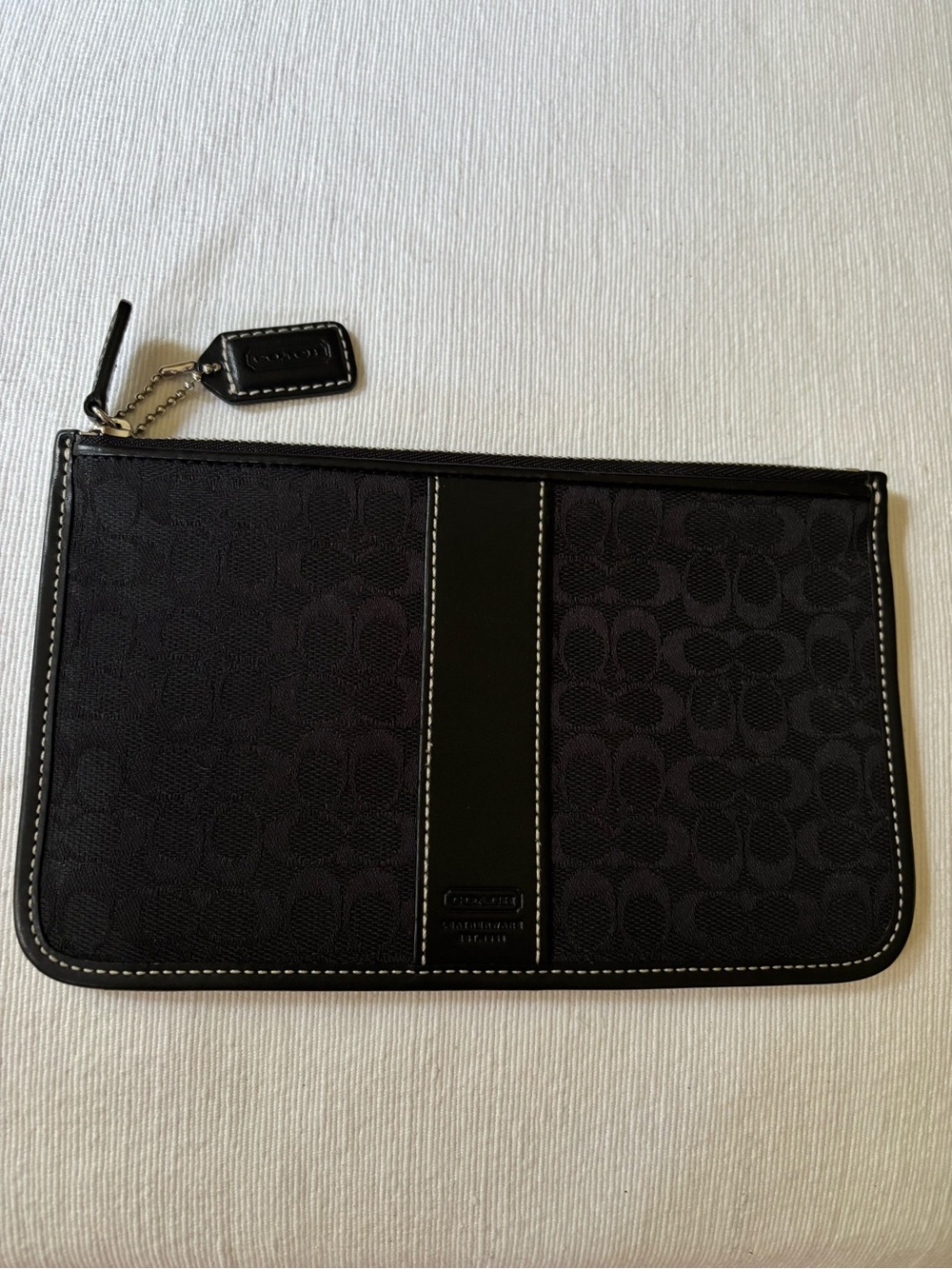 Classic Coach Black Canvas Zip Pouch with Leather Patch and trim.